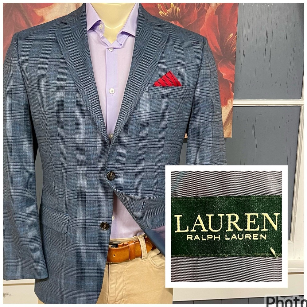 Lauren Ralph Lauren Blazer Sport Coat Men 38R Polyester Blend Stretch Blue/Black
